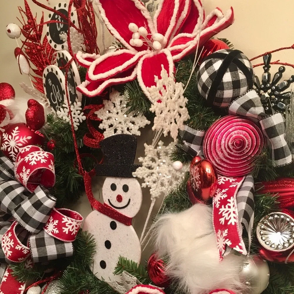 New Floral Designer Black Plaid Red White Poinsettia Snowman Christmas Wreath